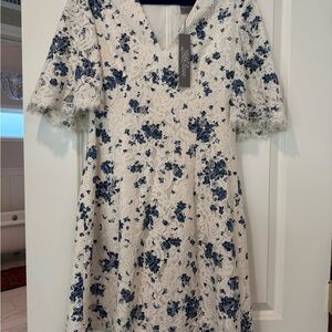 Lela Rose White Lace Dress with Blue Floral Details